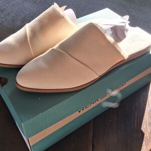 Toms Natural Canvas Slip-On Mules with Frayed Edge